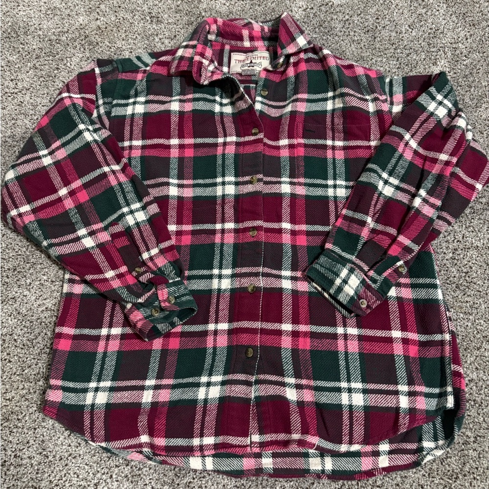 1990s The Limited Women's Plaid Button-Down Flannel Shirt - Dark Green and Pink